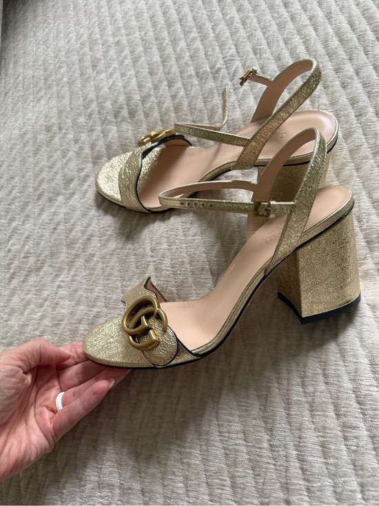 Gucci Shoes - Gucci Gold Metallic Block Heel Slingback Sandals with Double G Buckle
